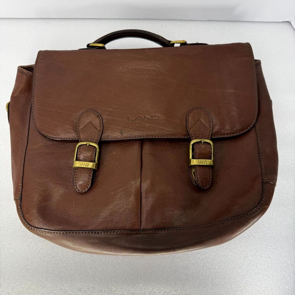 Vtg LAND Messenger Bag Briefcase Brown Leather Satchel Limited Edition 001 Logo